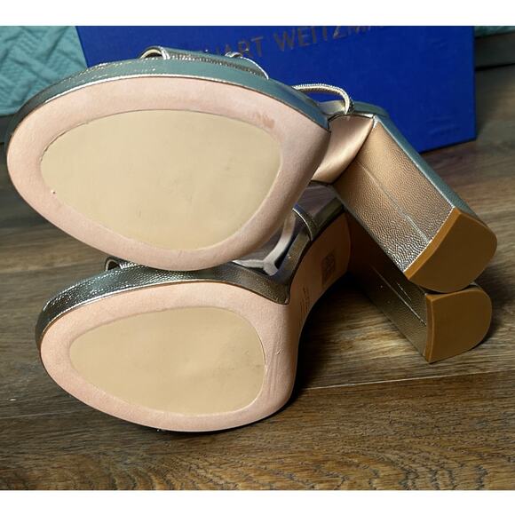 Stuart Weitzman Silver Ankle Strap Block Heel Women's Sandals New in Box - Picture 6 of 9